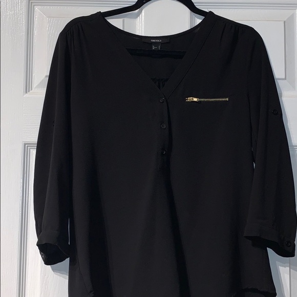 High-low, 3/4 sleeve, black blouse with zipper - Picture 1 of 5